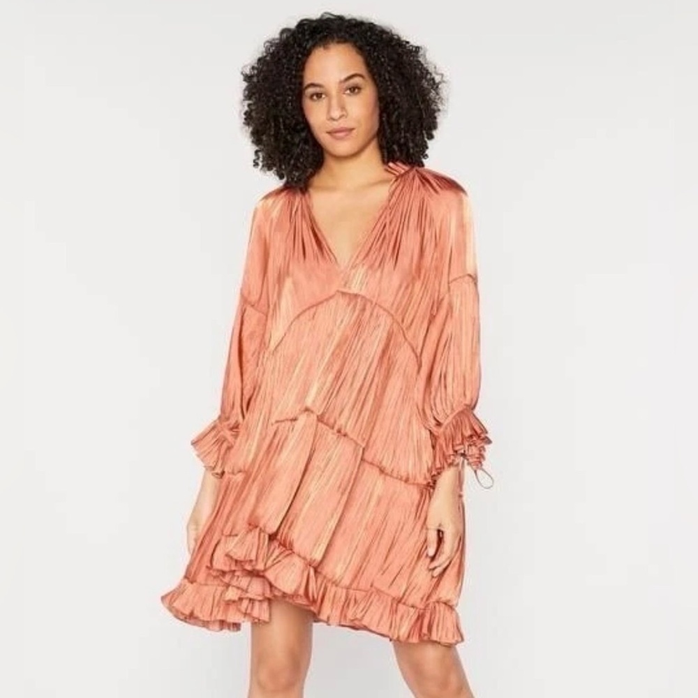CINQ À SEPT 'Phyllis' Tiered Lined Mini-Dress, Iridescent Dark Salmon Size 8